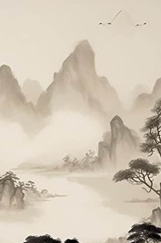 AI数字艺术手绘中国风水墨山水风景插画