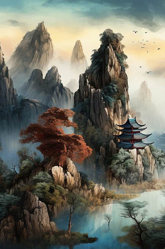 AI数字艺术手绘中国风水墨山水风景插画