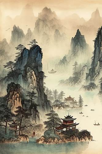 AI数字艺术手绘中国风水墨山水风景插画