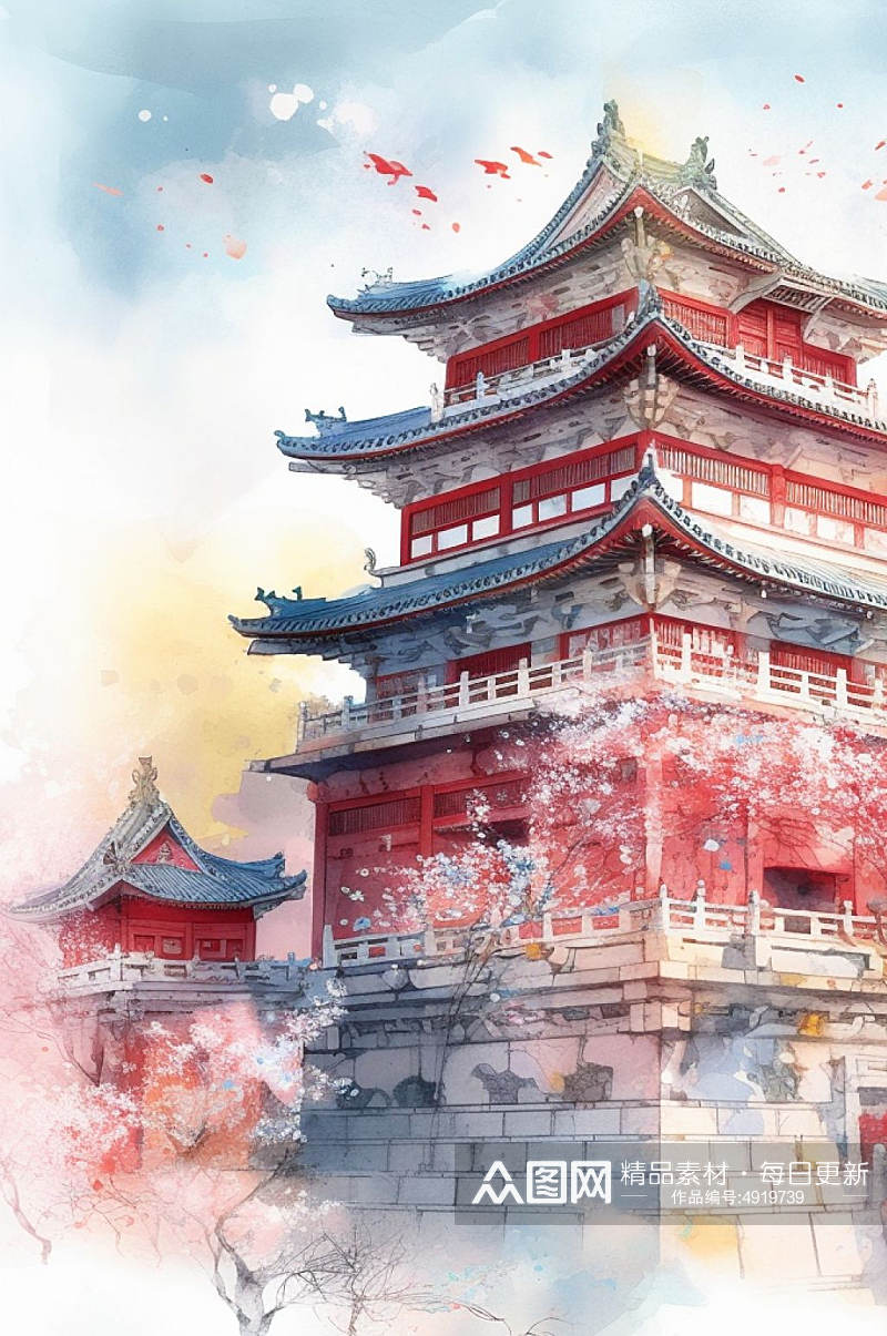 AI数字艺术手绘中国风水墨山水风景插画素材