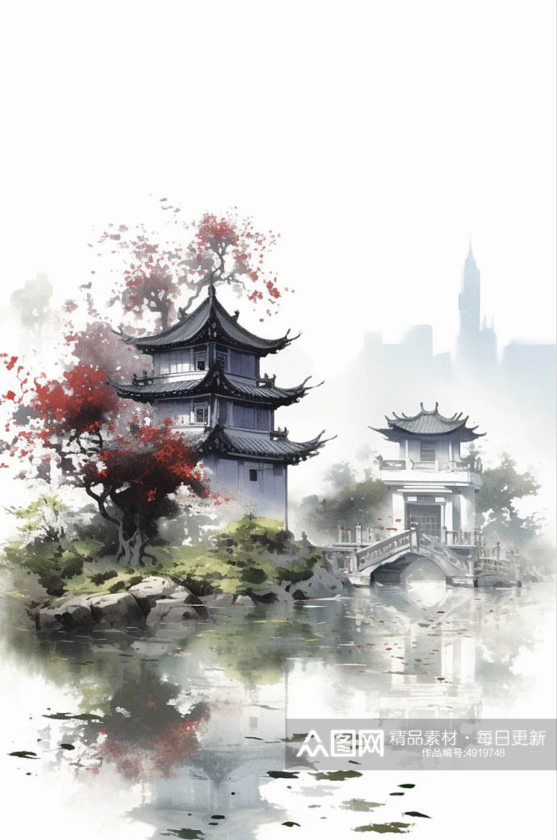 AI数字艺术原创中国风水墨山水风景插画素材