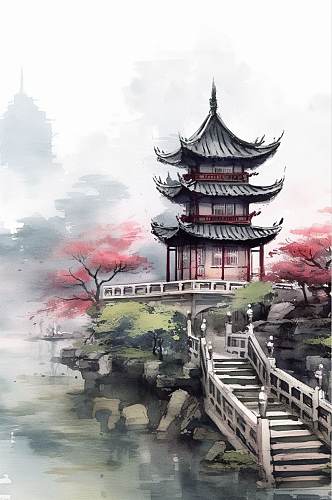AI数字艺术原创中国风水墨山水风景插画