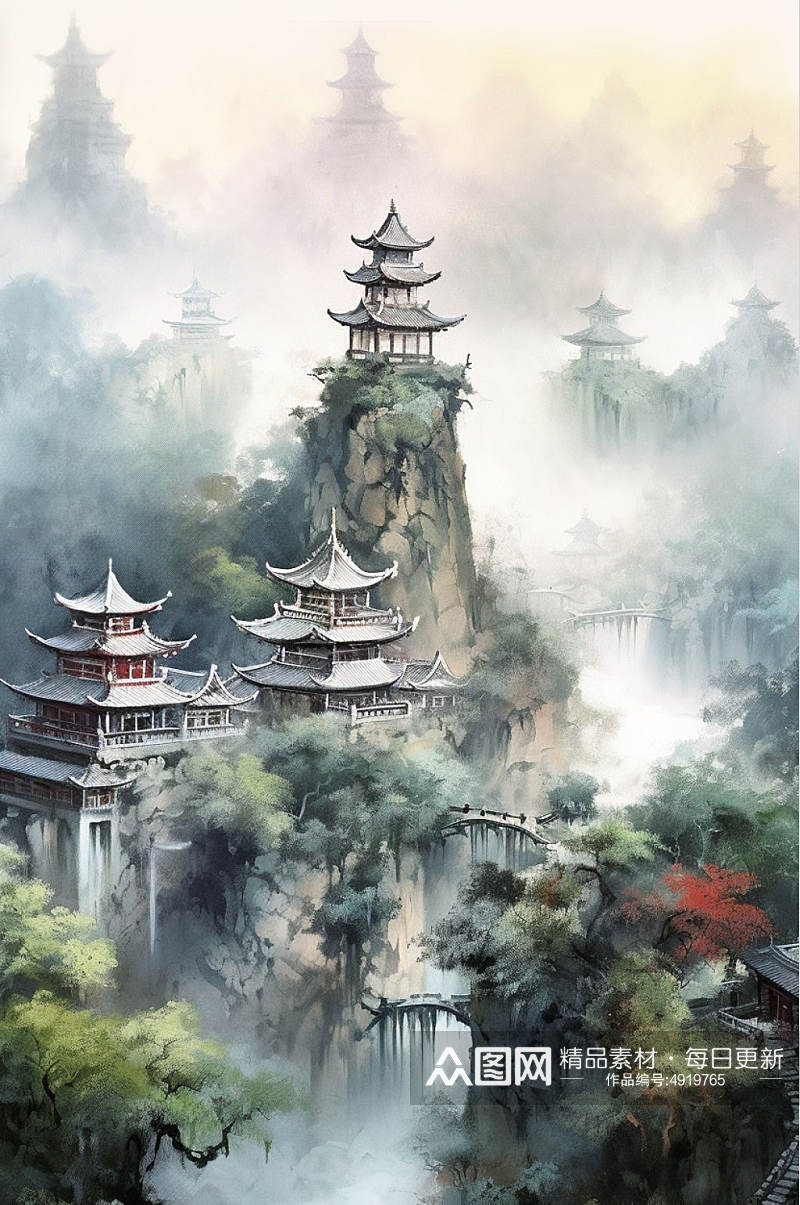 AI数字艺术原创中国风水墨山水风景插画素材