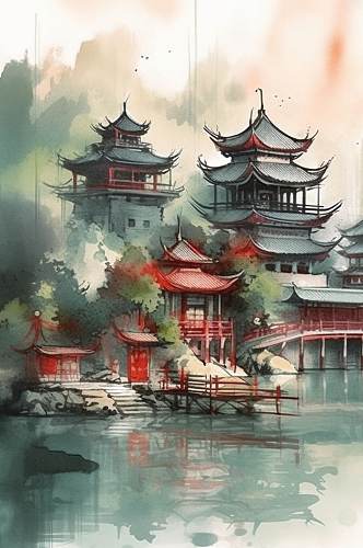 AI数字艺术原创中国风水墨山水风景插画