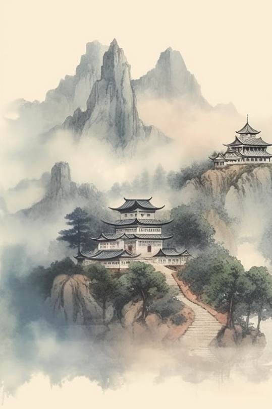 AI数字艺术高清中国风水墨山水风景插画