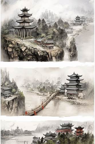 AI数字艺术高清中国风水墨山水风景插画