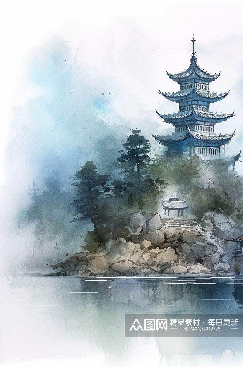 AI数字艺术高清中国风水墨山水风景插画素材