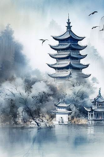 AI数字艺术高清中国风水墨山水风景插画