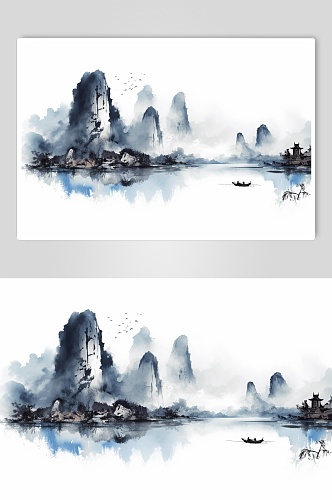 AI数字艺术渔船横版中国风水墨山水插画