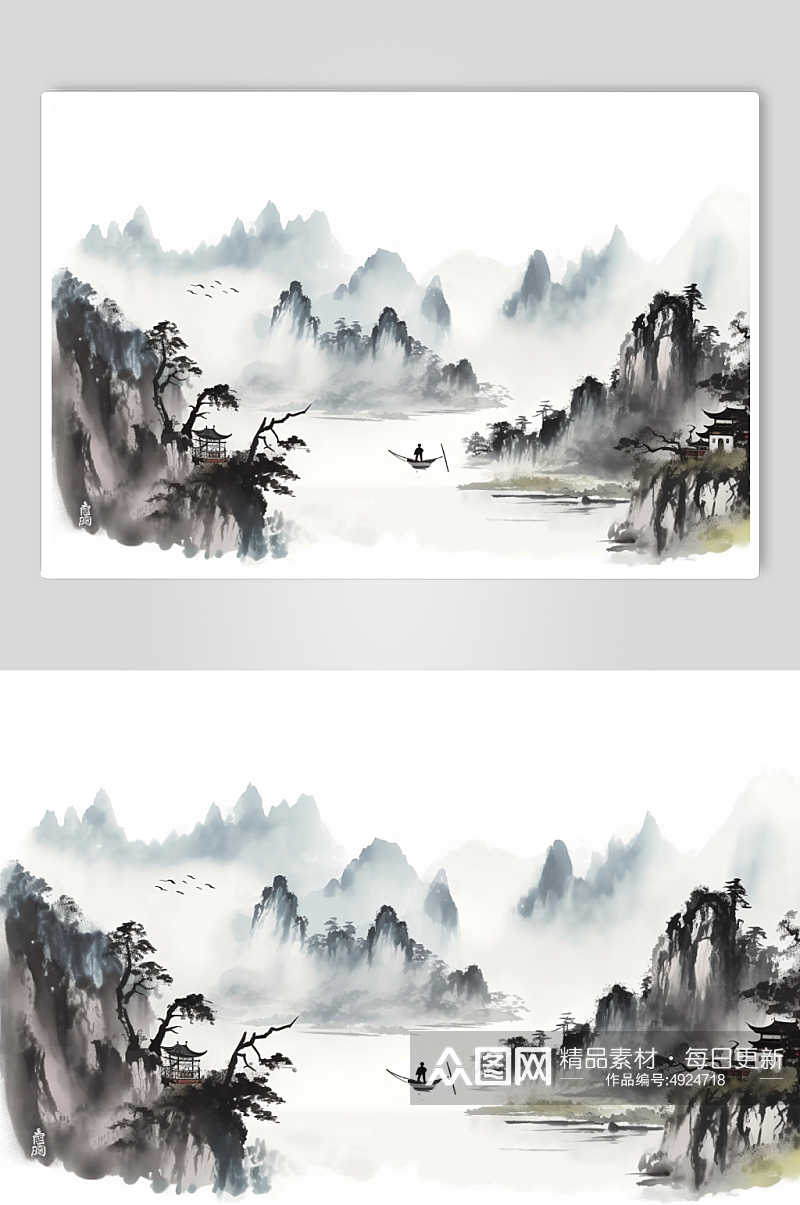 AI数字艺术河流横版中国风水墨山水插画素材