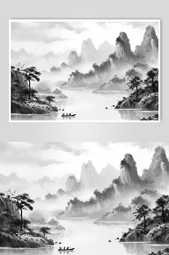AI数字艺术河流横版中国风水墨山水插画
