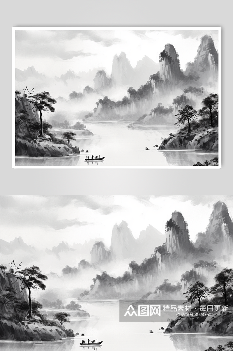 AI数字艺术河流横版中国风水墨山水插画素材