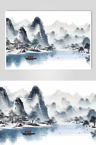 AI数字艺术河流横版中国风水墨山水插画