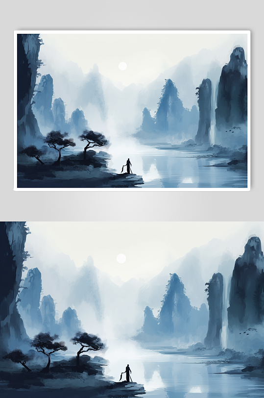 AI数字艺术手绘中国风水墨山水画装饰画-众图网