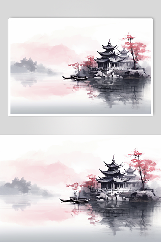 AI数字艺术手绘中国风水墨山水画装饰画
