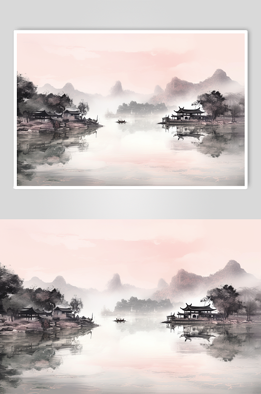 AI数字艺术手绘中国风水墨山水画装饰画-众图网