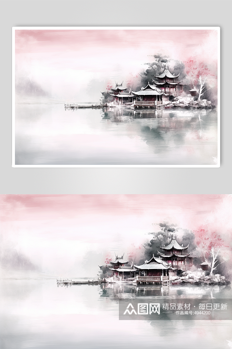 AI数字艺术手绘中国风水墨山水画装饰画素材
