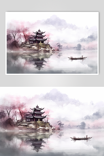 AI数字艺术创意中国风水墨山水画装饰画