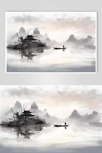 AI数字艺术创意中国风水墨山水画装饰画