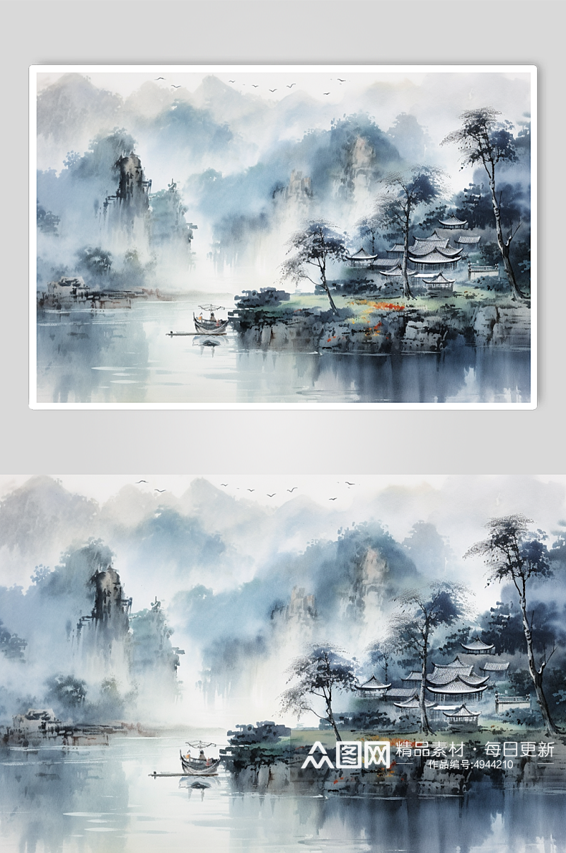AI数字艺术创意中国风水墨山水画装饰画素材