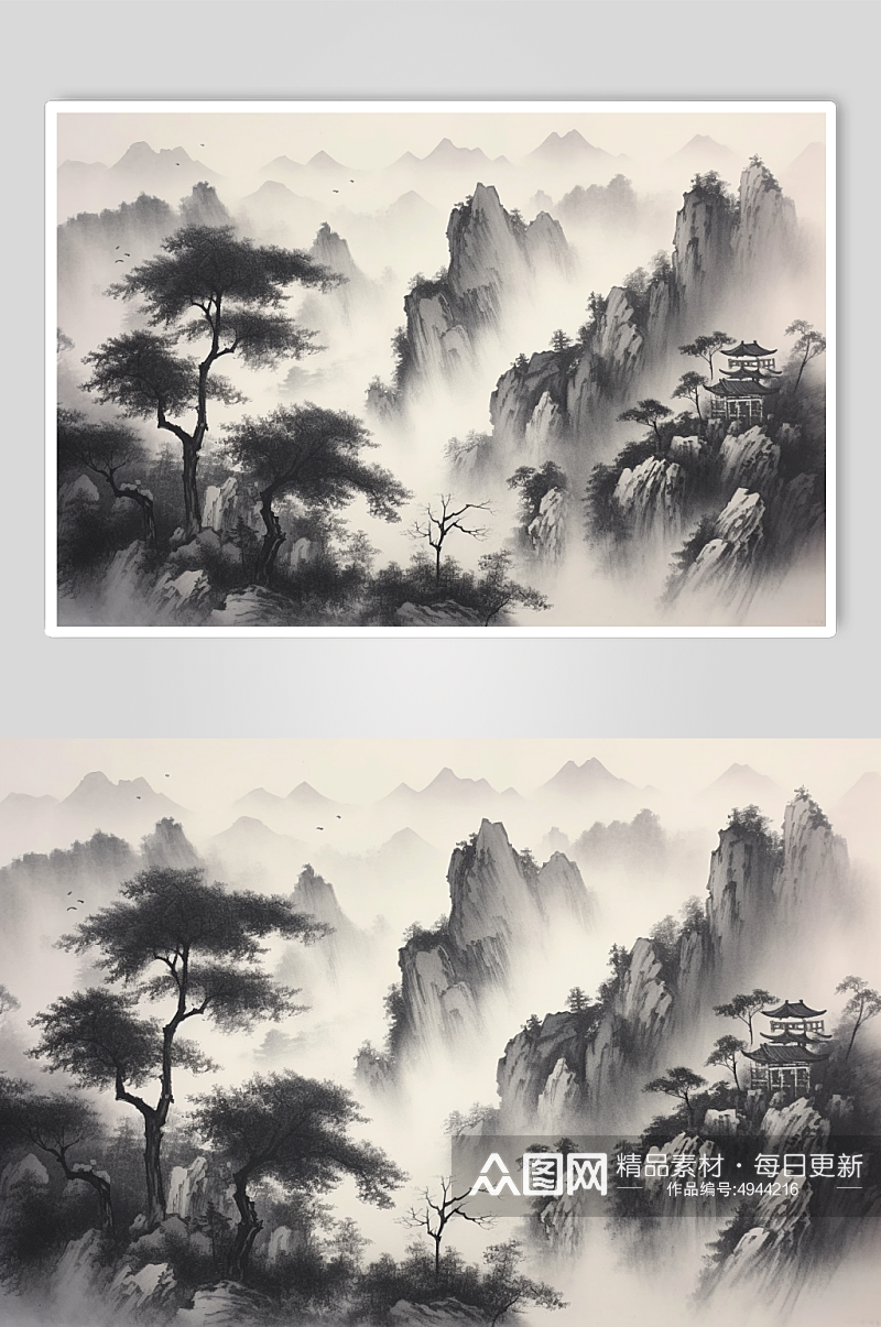 AI数字艺术创意中国风水墨山水画装饰画素材