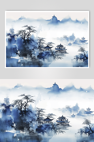 AI数字艺术原创中国风水墨山水画装饰画