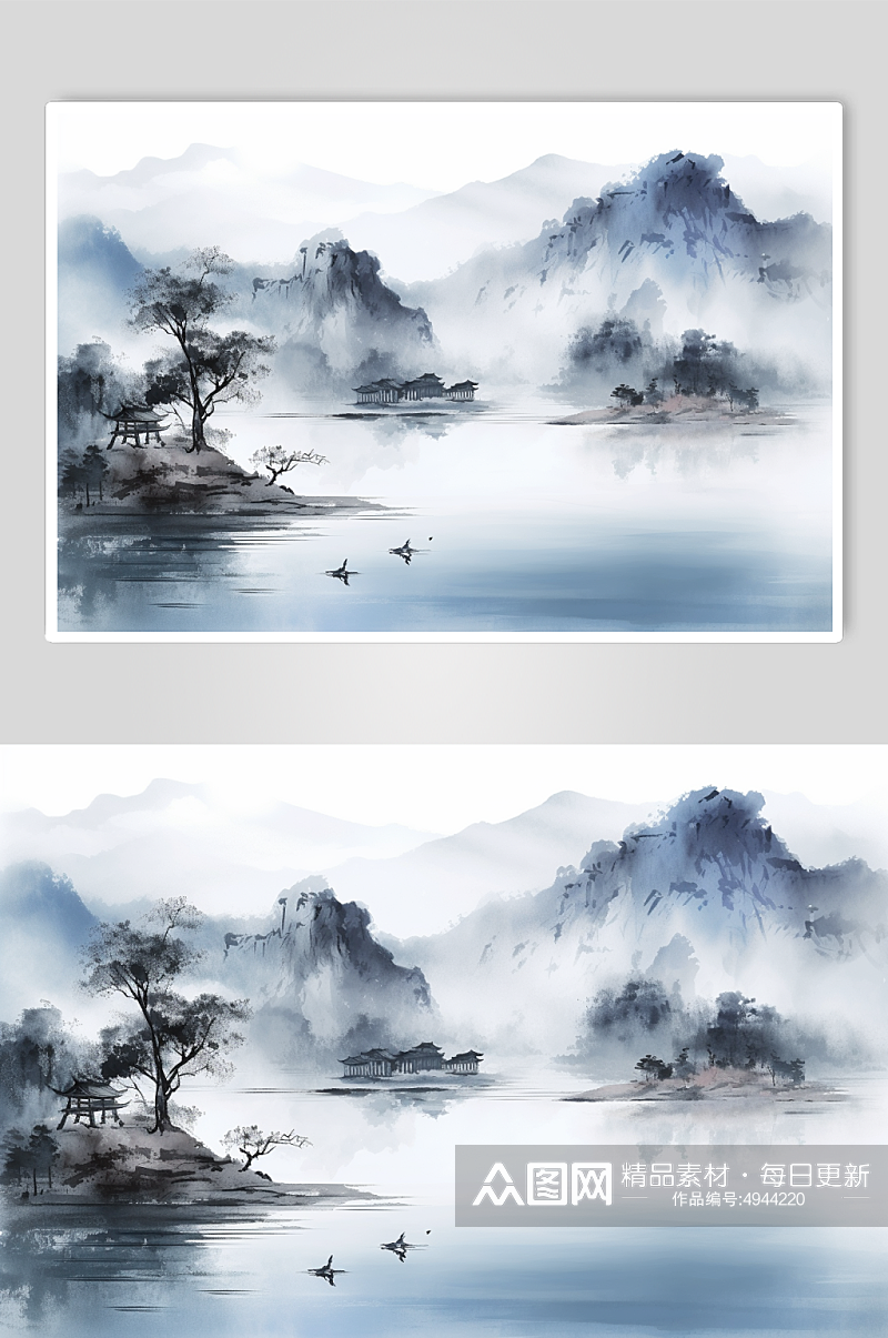 AI数字艺术原创中国风水墨山水画装饰画素材