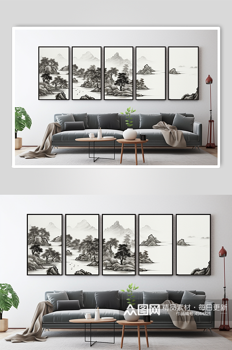 AI数字艺术原创中国风水墨山水画装饰画素材