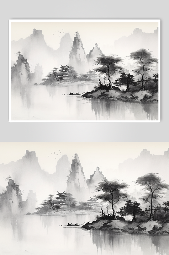 AI数字艺术原创中国风水墨山水画装饰画
