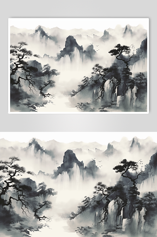 AI数字艺术高清中国风水墨山水画装饰画
