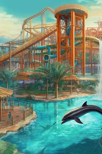 AI数字艺术可爱海豚水上乐园图片