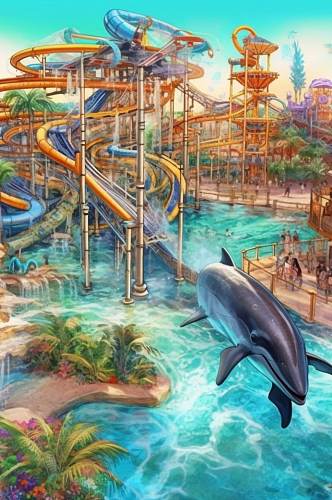 AI数字艺术可爱海豚水上乐园图片
