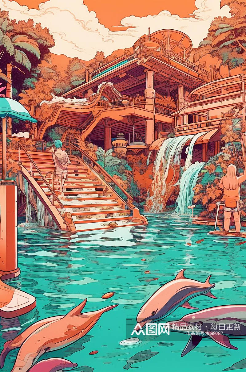 AI数字艺术夏日清凉泳池水上乐园图片素材