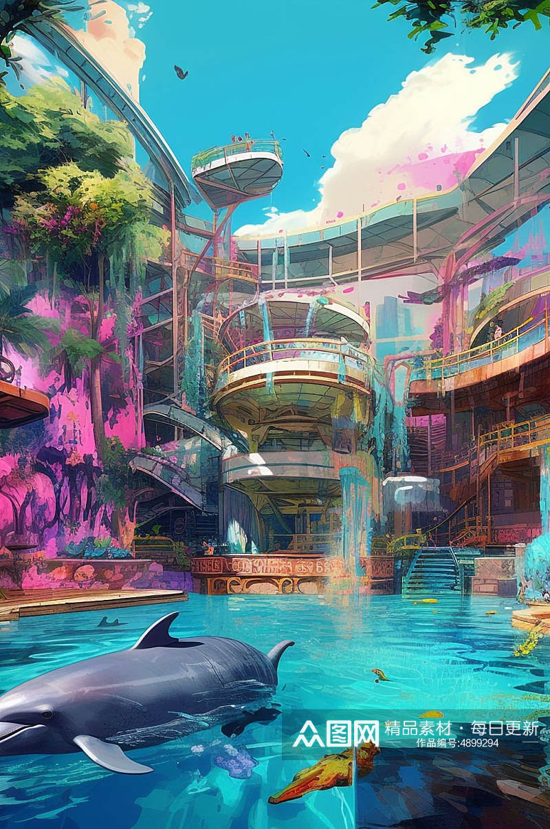 AI数字艺术可爱海豚水上乐园图片素材