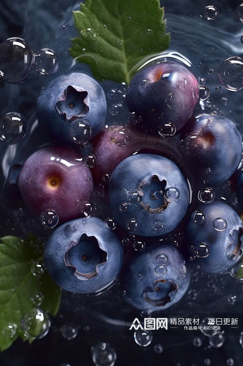 AI数字艺术简约蓝莓水中水果摄影图片素材