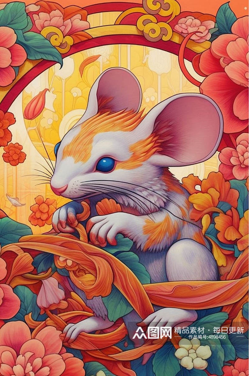 AI数字艺术精美花纹鼠年动物纹样插画素材