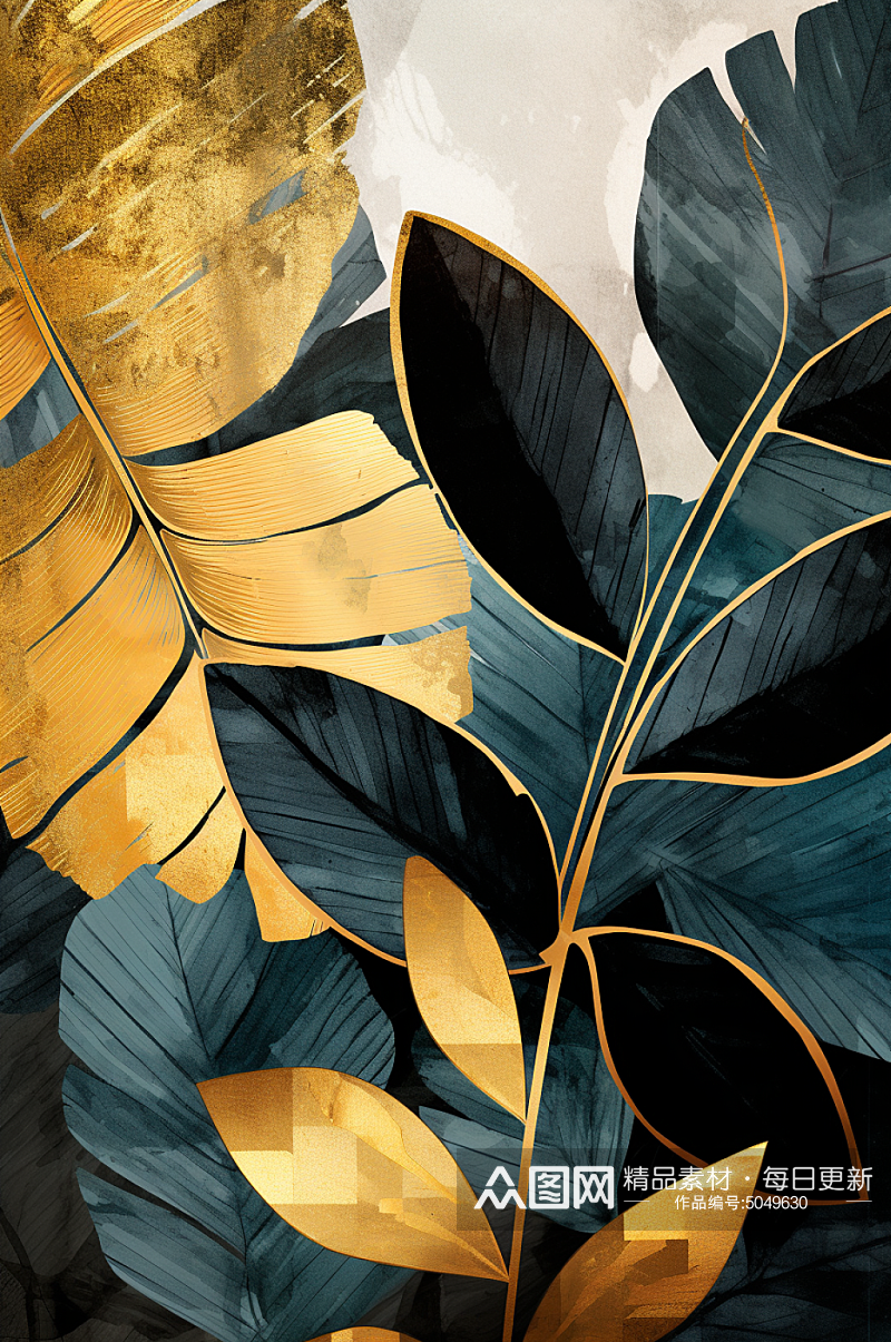 AI数字艺术轻奢金箔树叶叶子装饰画素材
