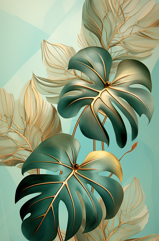 AI数字艺术轻奢金箔树叶叶子装饰画-众图网
