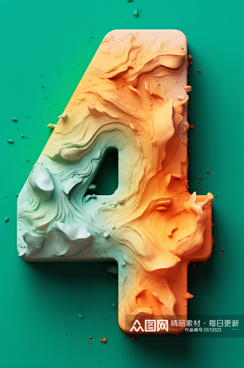 AI数字艺术黏土质感彩色数字4元素模型素材