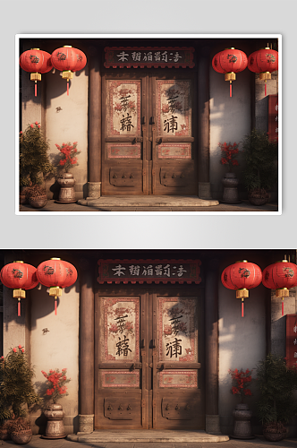 AI数字艺术春节四合院大门建筑摄影图