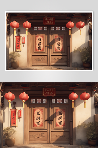 AI数字艺术春节四合院大门建筑摄影图