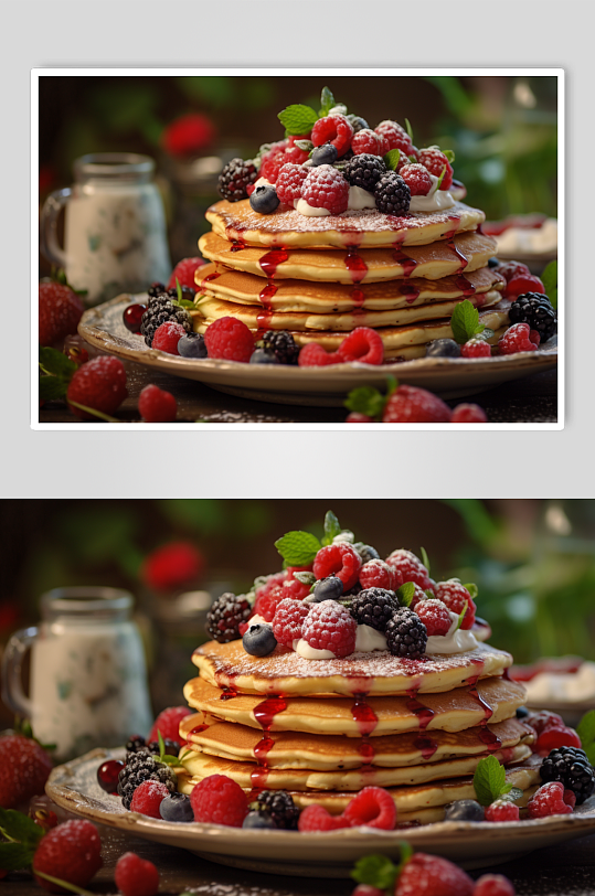 AI数字艺术红树莓蓝莓松饼甜品摄影图片