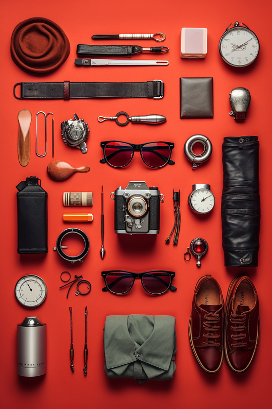 AI数字艺术鞋子相机墨镜随身配饰摄影图片-众图网