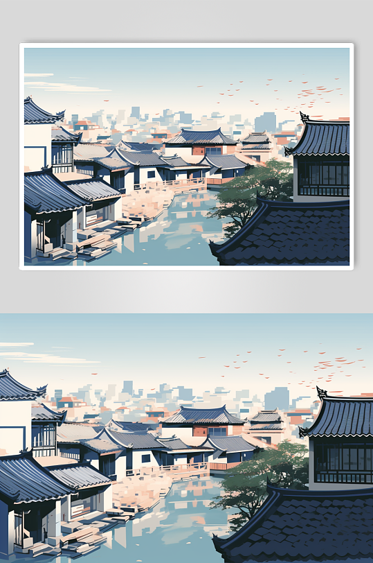 AI数字艺术国潮风苏州城市建筑插画