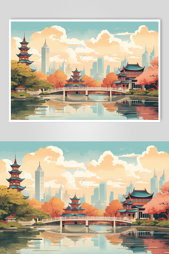 AI数字艺术国潮风苏州城市建筑插画-众图网