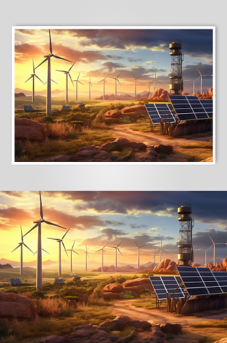 AI数字艺术高清风力太阳能发电厂摄影图片