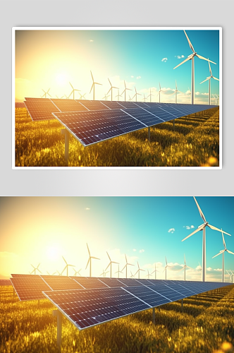 AI数字艺术创意风力太阳能发电厂摄影图片