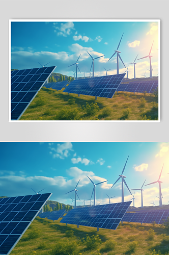 AI数字艺术创意风力太阳能发电厂摄影图片