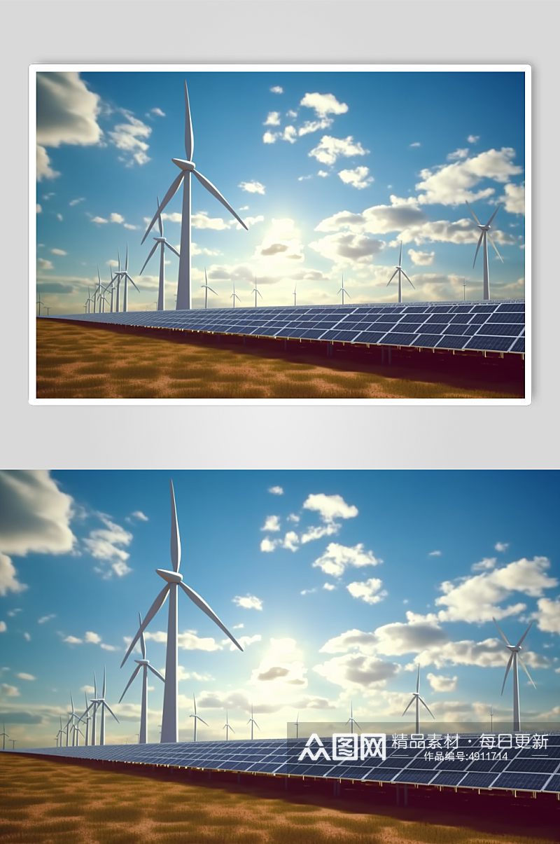 AI数字艺术创意风力太阳能发电厂摄影图片素材