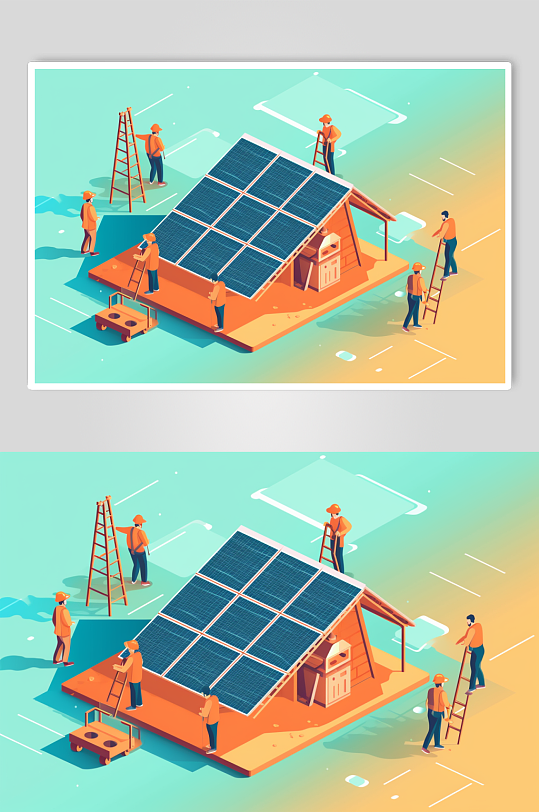 AI数字艺术太阳能光伏板工地新能源插画
